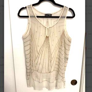 ITOO Women's New Sheer Ivory & Gold Beaded Tank Top Shirt Flapper Sparkly M/L